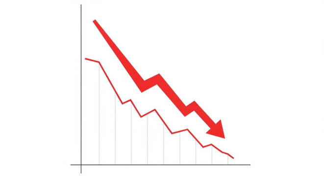 A red line graph with a downward trend on a white background illustrating a decline in data over time with a bold arrow pointing downwards vector