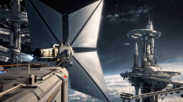 Futuristic cargo spaceship with solar sails approaching a massive orbital station while other vessels maneuver in the background, showing a bustling hub of interstellar commerce and travel