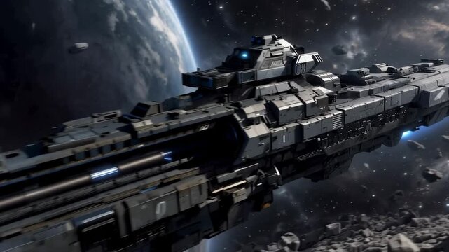 Giant futuristic warship navigating through a dangerous asteroid field in deep space while charging its powerful energy weapon, with a distant planet illuminating the cosmic scene