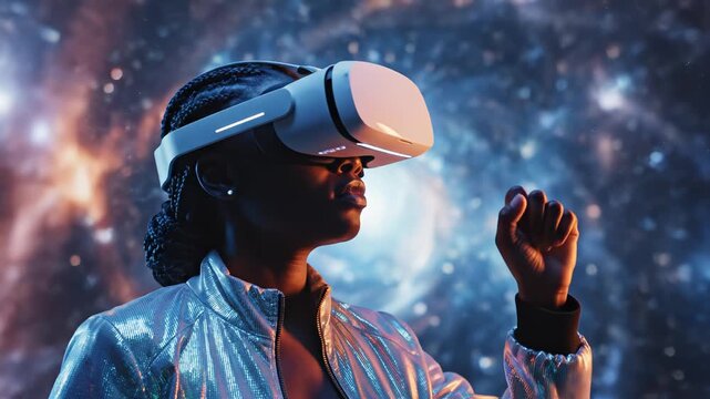 Person wearing VR headset in space symbolizing digital transformation and future innovation