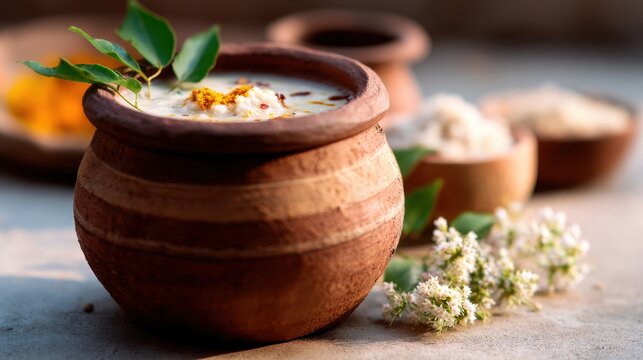 Handmade terracotta pot with ceremonial rice pudding and herbal leaves for festival offering and ritual decoration ,Bonalu