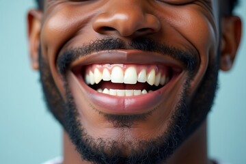 Fototapeta premium Close-Up Shot of an African American Man Flaunting His Bright Smile with Newly Implanted Teeth, Demonstrating Ideal Dental Treatment and Whitening.