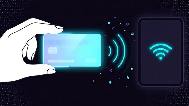 Dynamic illustration of a hand performing a secure digital transaction using a glowing contactless payment card and an NFC reader, symbolizing modern financial technology