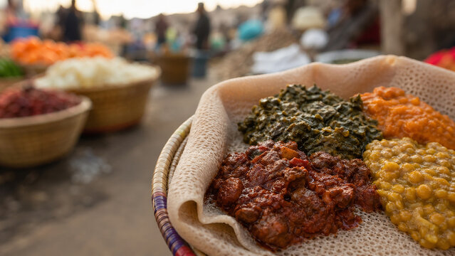 Traditional Ethiopian Cuisine Injera and Wot with Addis Ababa Market Soft Blur