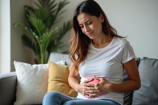 A Woman at Home, Grimacing in Pain and Holding Her Bloated Stomach: A Portrait of Discomfort and Frustration