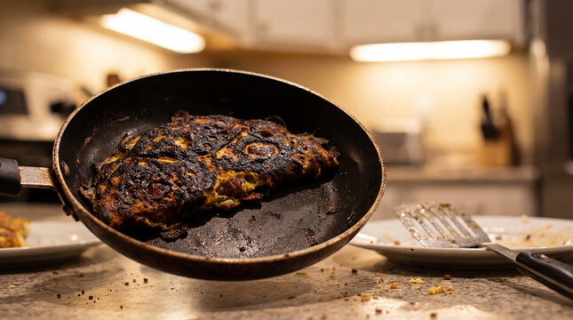 Burnt omelet stuck in frying pan on messy kitchen counter showing cooking failure household mistake food waste frustration home accident concept for lifestyle editorial use or kitchen safety messaging