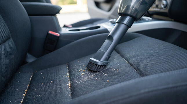 Vacuum nozzle cleaning crumbs from fabric car seat in close view highlighting auto detailing hygiene maintenance interior care service convenience or everyday cleanliness promotion concept