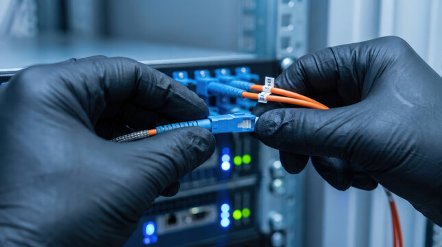 Gloved hands connecting fiber optic cable inside network cabinet in close view representing data center installation broadband maintenance telecom infrastructure precision or technical support concept