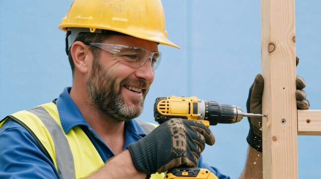 Carpenter drilling a hole in a wooden beam. Smiling construction worker using a power drill. Home renovation and carpentry concept