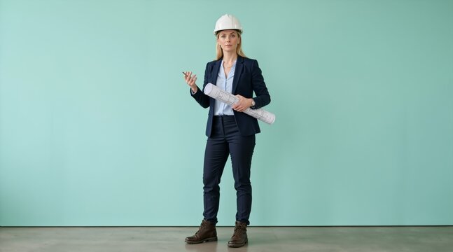 Full length portrait of a female architect in a suit and white hard hat holding blueprints. Confident woman engineer standing against a teal background. Copy space for text
