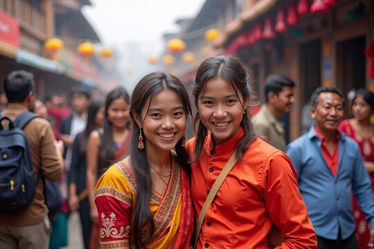 Colorful Gai Jatra Celebration in Nepal: Traditional Decorations and Festive Atmosphere Captured in Joyful Photo