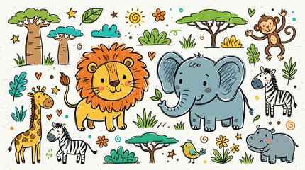 Obraz premium Cute safari animals and flora on a white background, ideal for children's educational materials and nursery decor