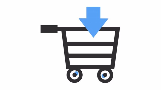 Add to cart icon with blue arrow and shopping trolley isolated on the alpha channel. Shopping cart with down arrow cartoon for e-commerce symbol.