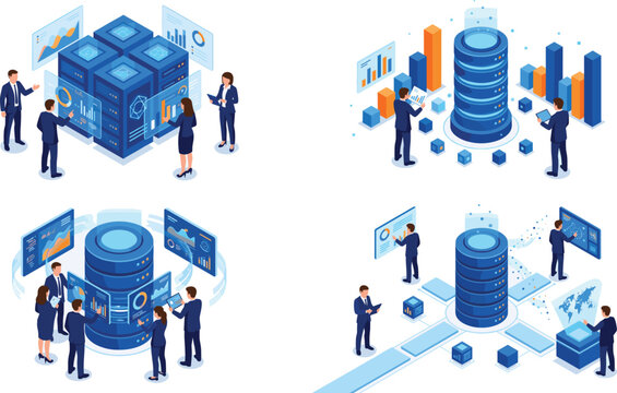 Isometric Big Data Analytics and Cloud Database Infrastructure Illustration Set with Business Intelligence Server Management Concepts