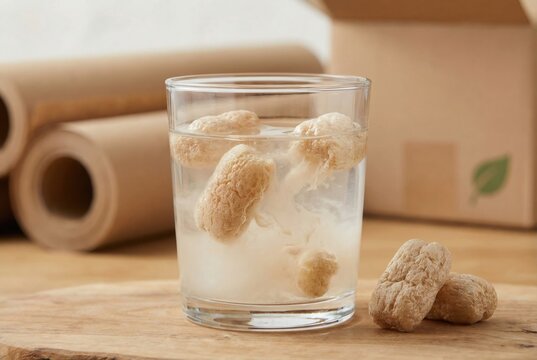 Biodegradable foam packaging melting in water glass with cardboard shipping tubes