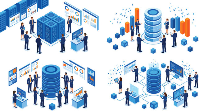 Isometric Database Management and Big Data Analytics Illustration Set with Cloud Infrastructure Business Intelligence and Server Monitoring