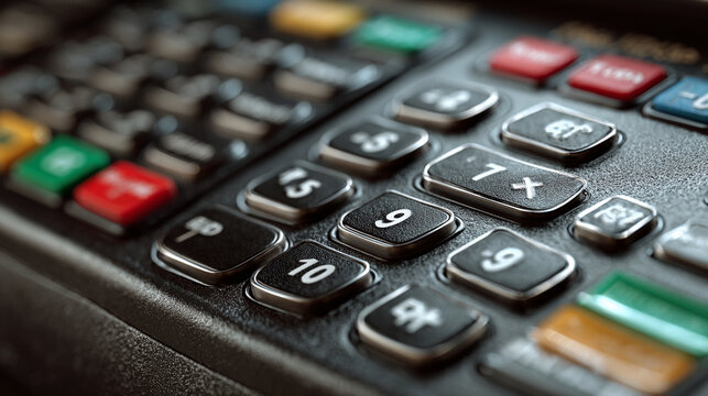 Extreme close up macro shot of a modern electronic keypad with illuminated buttons and tactile keys focusing on the number 9 and 10 suggesting financial transactions data entry