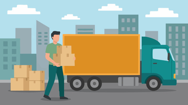 Delivery worker loading moving boxes onto a truck in an urban setting