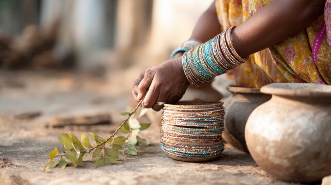 Hindu puja woman hands with colorful bangles arranging leaves and clay pots for traditional offering and ceremony design card poster background,Bonalu