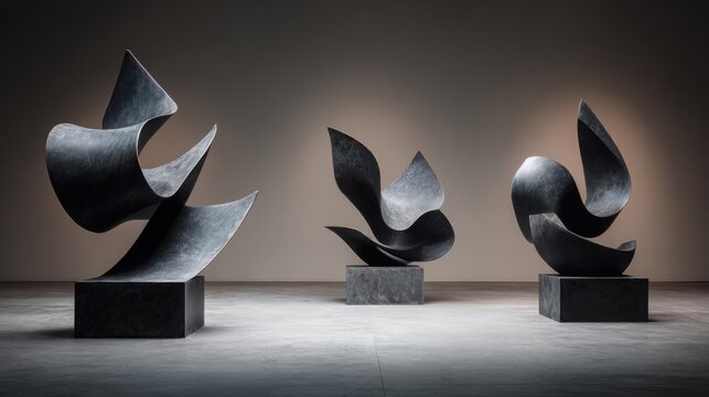 Abstract sculptures with elegant shapes arranged in a minimalist gallery space, showcasing fluid forms and contrasting textures against a neutral background
