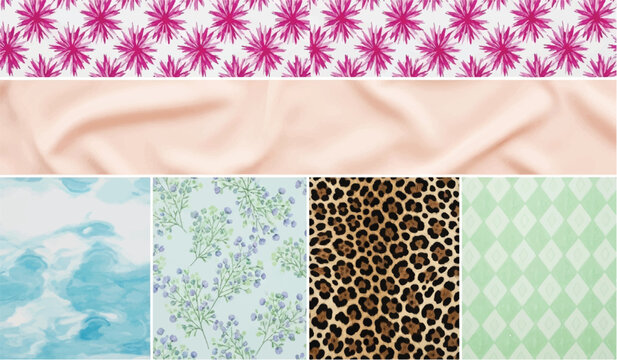 Collage of six textures, pink floral, peach fabric, cloud, floral, leopard, green argyle patterns