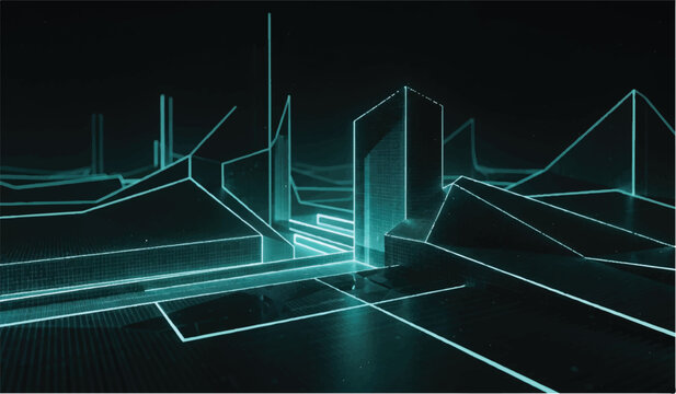 Neon wireframe cityscape with glowing blue lines and dark background