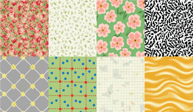 Eight pattern swatch collection, floral, geometric, and textured backgrounds