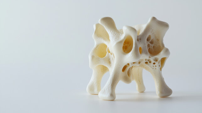 An intricately detailed anatomical model of a lumbar vertebra showcases the bone structure and porous nature against a plain studio background creating visual clarity.