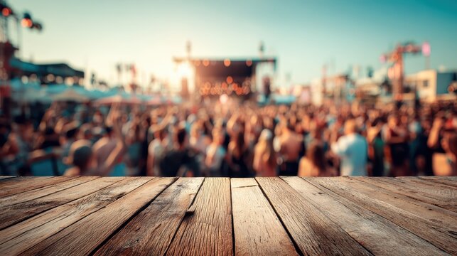 wood plank table. spring summer party people. celebration festival. product presentation.