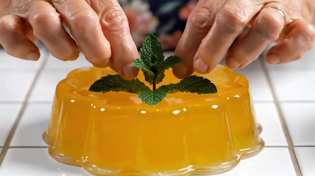 Ring-shaped yellow gelatin dessert on a white tiled surface, vibrant fruit flavored jelly treat for a celebration or snack.