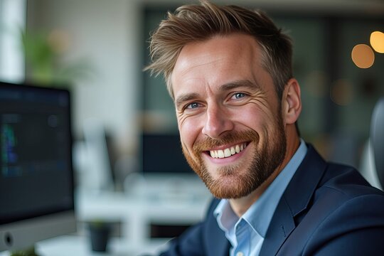 Portrait of a Happy Male Technical Writer in his Tech-filled Office