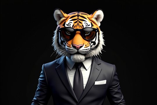 Stylish Tiger: Dressed to Impress in a Suit and Tie with Sunglasses on a Dark Background