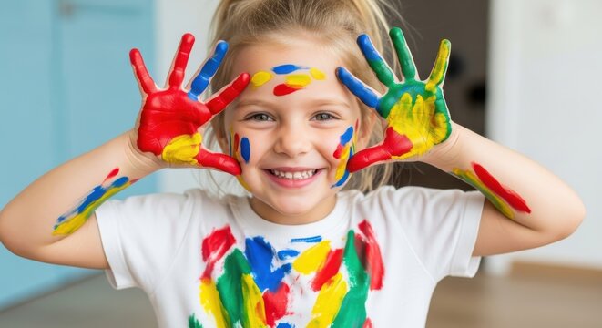 Little girl with painted hands and face smiling at camera, playful and artistic expression.