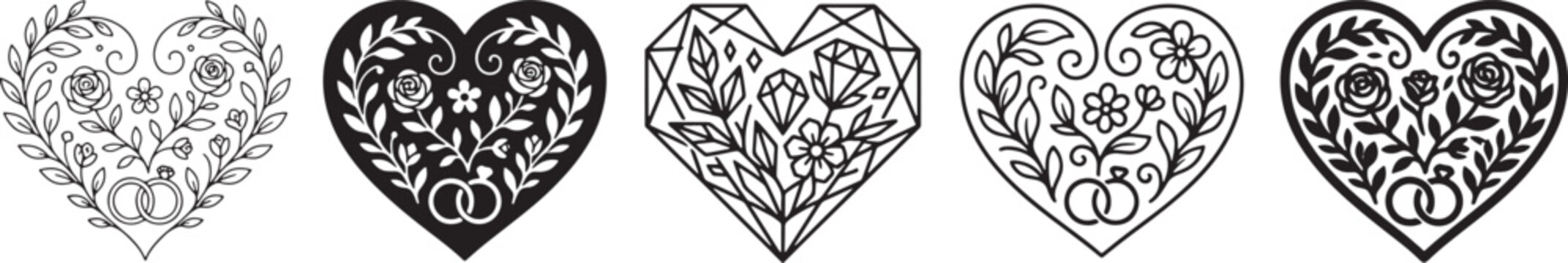 Set of five different heart icons with floral and wedding ring designs featuring minimal thin lines bold solid silhouettes geometric shapes and decorative rounded outlines for romantic art Vector