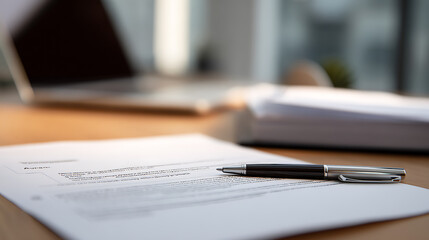 Fototapeta premium Professional Close-up of Pen on Important Document, with Blurred Office Background, Signify Business Deal, Agreement, or Contract Concept