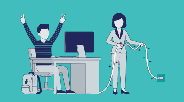 Woman cutting computer power cord for happy man, digital detox and work-life balance