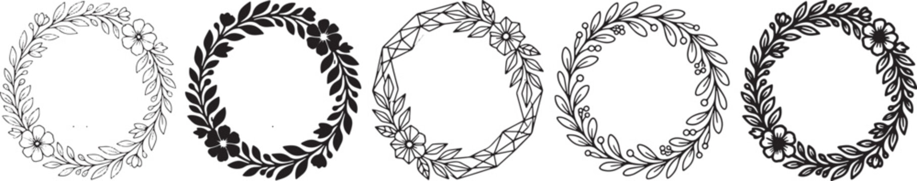 Set of five elegant floral wedding monograms with am initials inside decorative circular wreath frames in various black and white artistic styles for invitation cards and stationery Vector