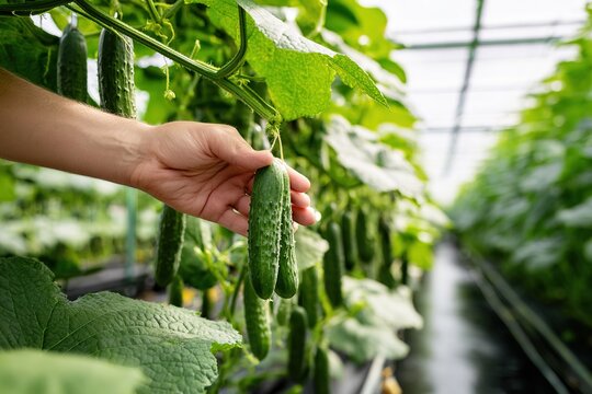 Hand harvesting ripe cucumbers from vines in modern greenhouse with rows of green plants