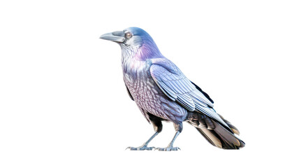Obraz premium A detailed metallic raven with striking purple accents stands majestically on transparent background