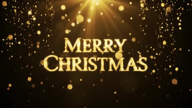 brilliant golden particles cascade, forming luxurious glowing gold 'merry christmas' text against a dark void with soft bokeh. festive holiday concept