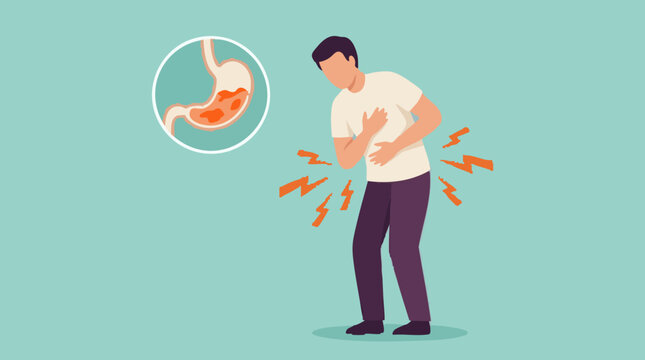 Man suffering from stomach pain, indigestion, or gastritis, with internal view