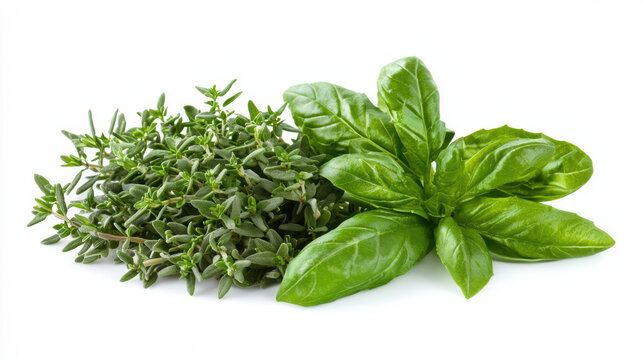 Aromatic fresh basil leaves and delicate thyme sprigs are presented in a crisp still life against a pristine white backdrop in a close up studio composition.