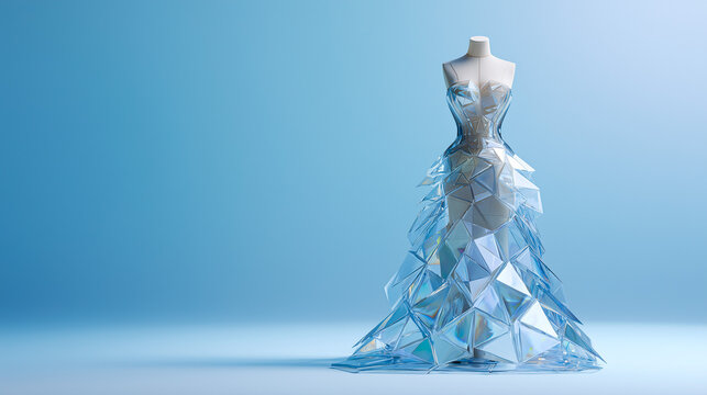 Abstract geometric dress on a mannequin with faceted translucent shapes in soft blue tones on a gradient background, futuristic fashion concept.