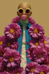 Fototapeta premium Fashion forward: vibrant floral coat and retro sunglasses with bubblegum twist