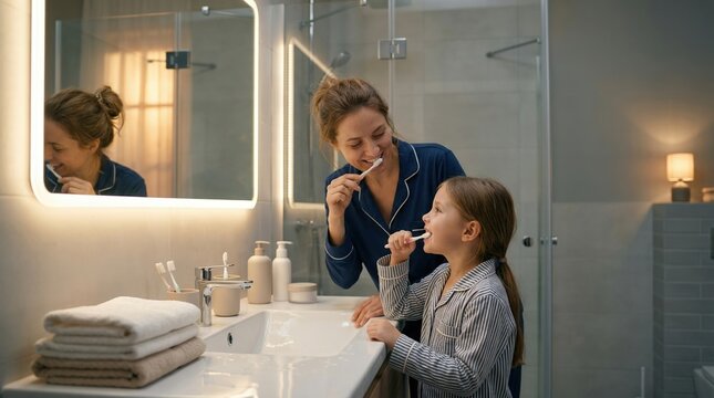 Candid evening routine with mother and daughter brushing teeth