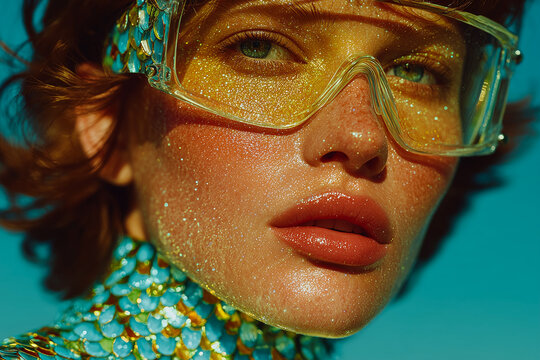 Fashion portrait of a model wearing futuristic green visor sunglasses and a textured scale outfit on a turquoise background, modern editorial concept.