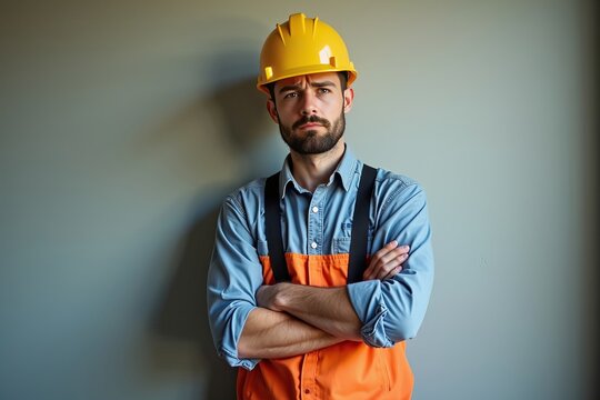 Lonely construction worker in work attire, distraught and crestfallen against a backdrop, wearing a troubled expression.