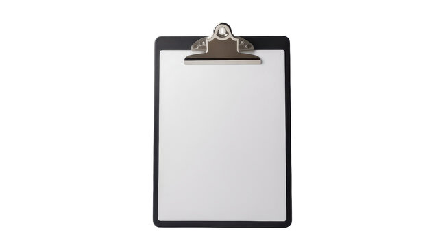 A black clipboard with a blank white sheet of paper attached by a metallic clip held for office notes and daily tasks on transparent background