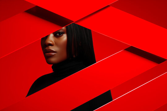 Fashion portrait of a model with bold red lighting and shadow lines across the face on a vibrant red background, dramatic editorial concept.