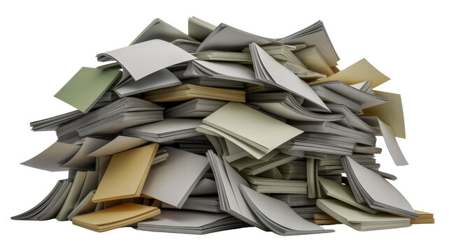 A massive pile of loose paper documents and stacks of files, a common office clutter problem on transparent background